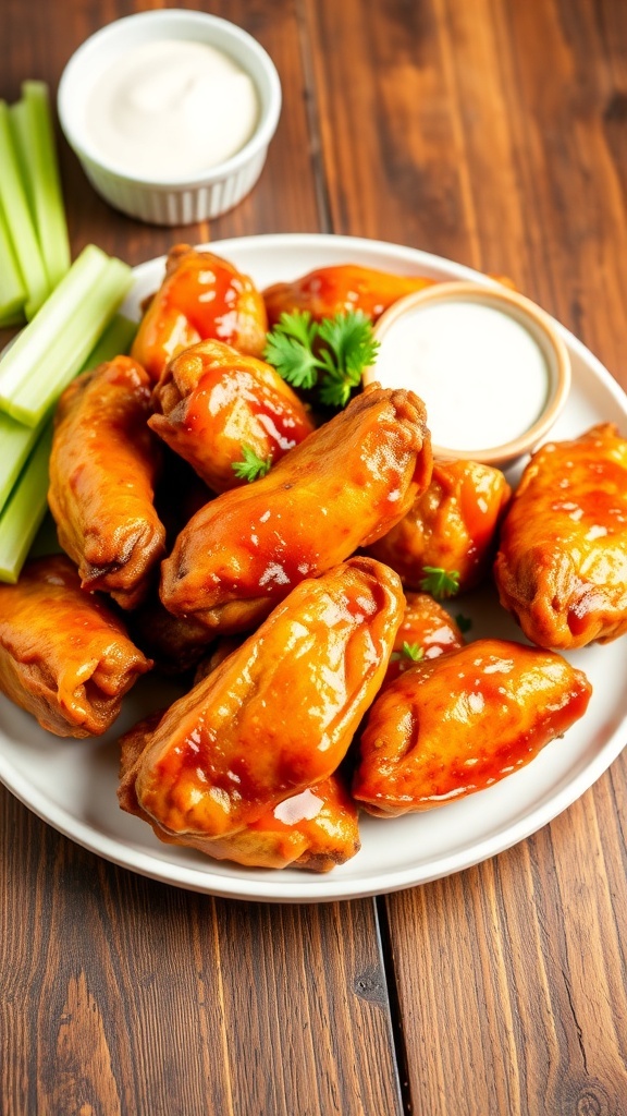 Crispy Air Fryer Chicken Wings Recipe Crispy air fryer chicken wings on a plate with parsley, celery sticks, and ranch dressing.